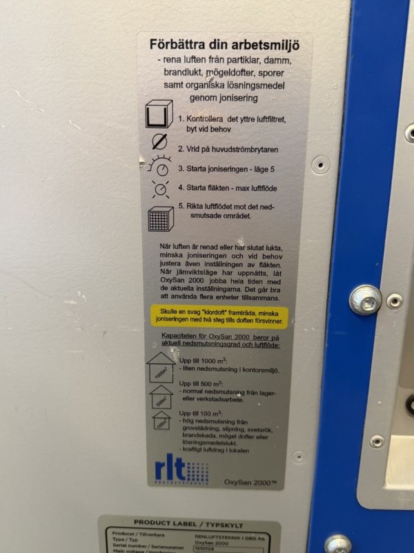 Joniseringsaggregat RTL OxySan 2000 - Instruktionsdekal